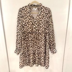KARLIE Leopard V-Neck Tier Ruffle Dress, Size M